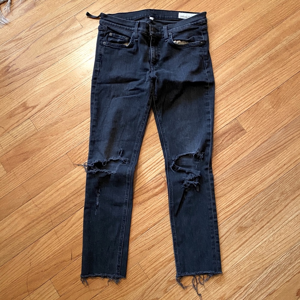 Rag & Bone black denim jeans w distressed knees